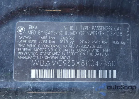 2008 BMW 328Xi из США, поврежденный, VIN WBAVC935X8K042360